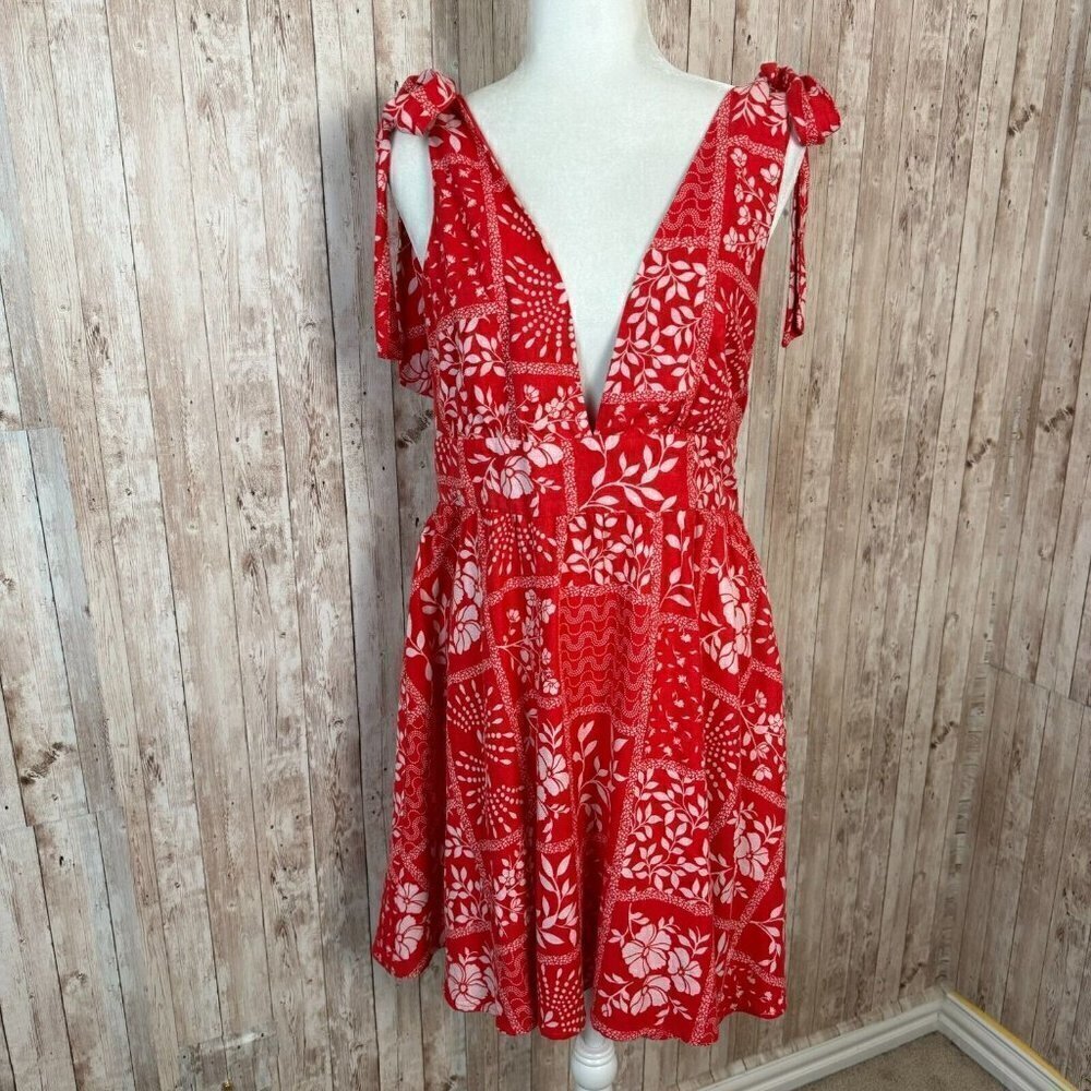 House of Harlow 1960 Mini Sundress Floral Shoulder Tie Strap Red White Medium